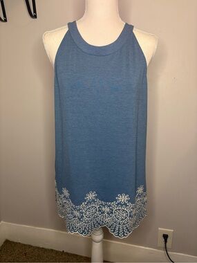 Sleeveless Blue Tank with White Lace Hem